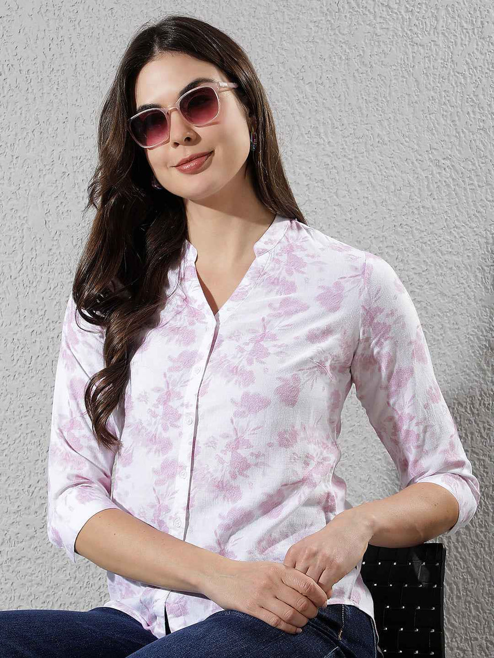 Pink Floral Print V-Neck Linen Shirt