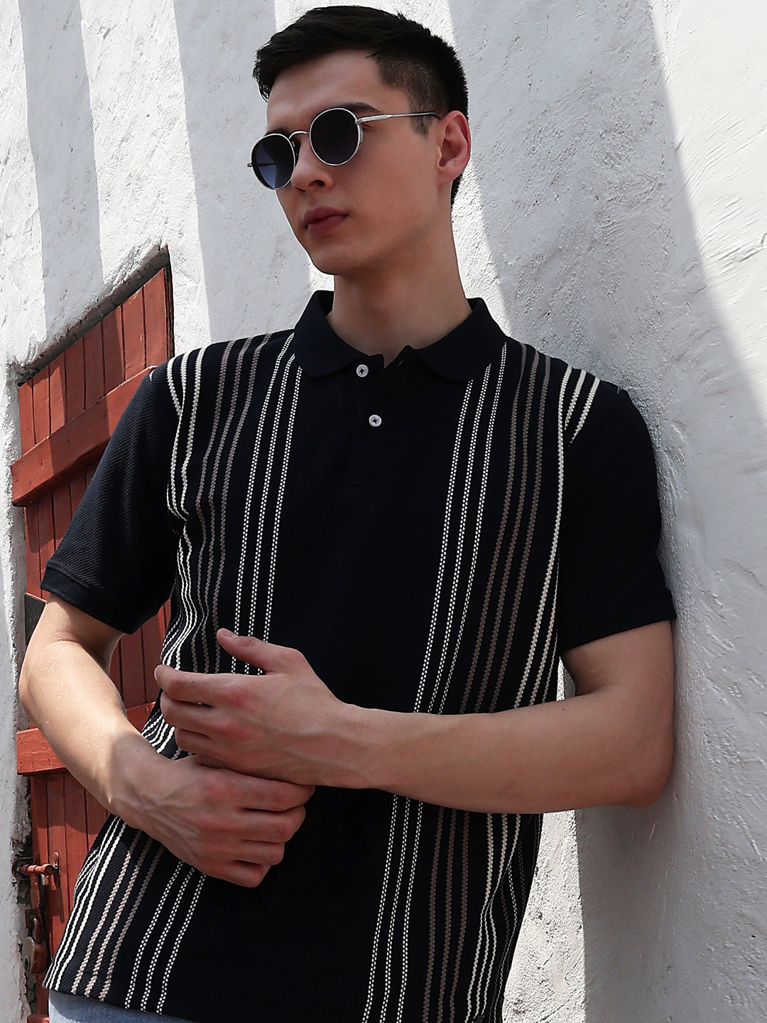 Navy Blue Vertical Striped Polo Neck T-Shirt