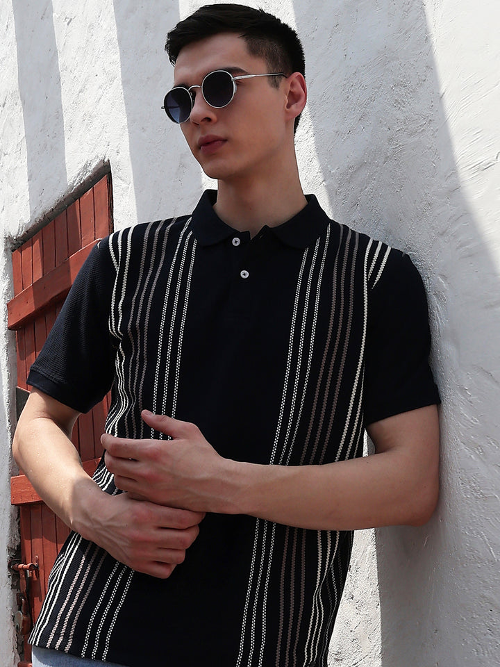 Navy Blue Vertical Striped Polo Neck T-Shirt