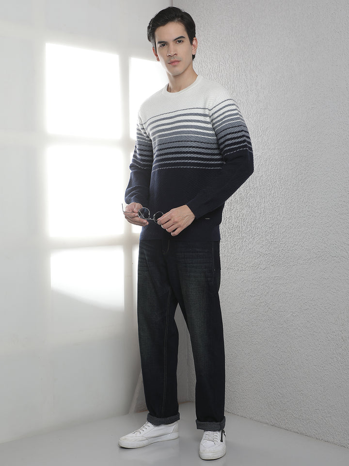 Navy Blue Horizontal Stripes Round Neck Sweater