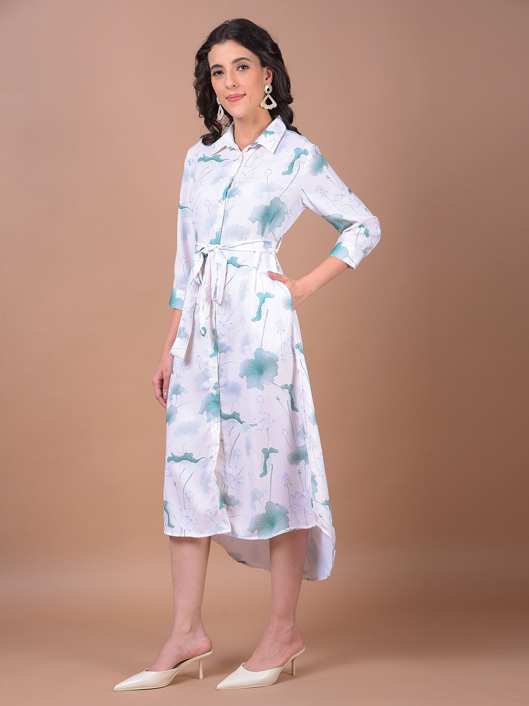 Green Floral Print Belted Shirt Dress