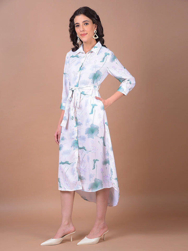 Green Floral Print Belted Shirt Dress