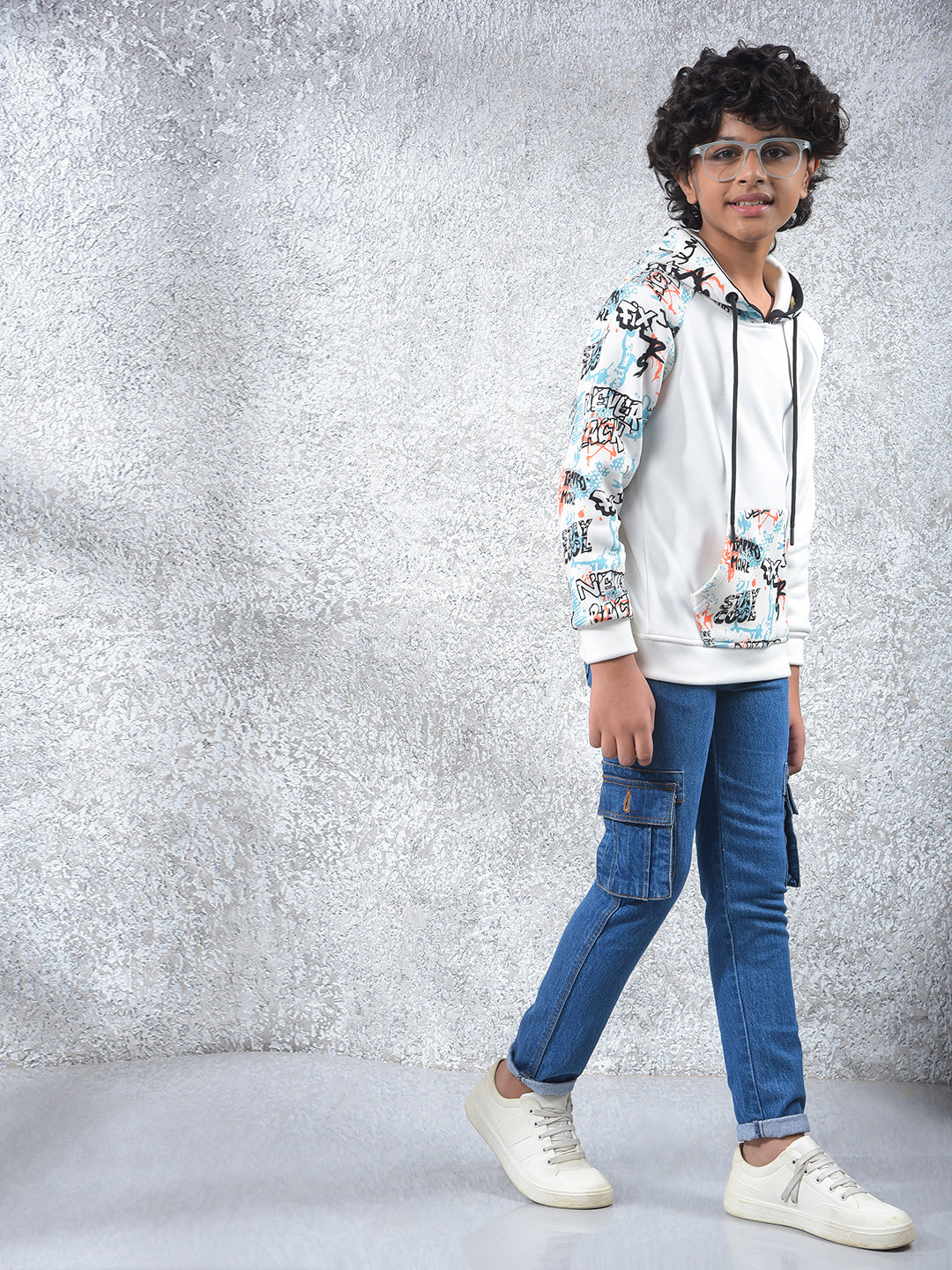 White Printed Hooded Neck Sweatshirt