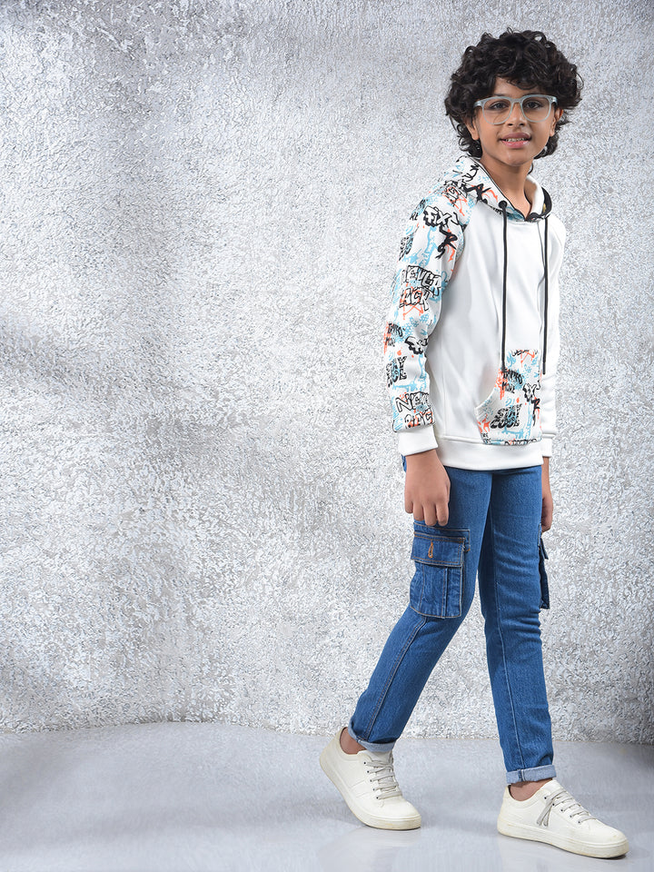 White Printed Hooded Neck Sweatshirt