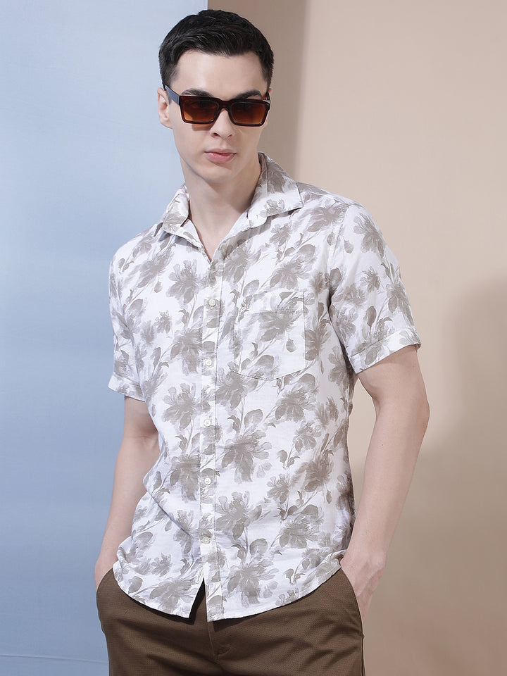 Beige 100% Cotton Floral Printed Shirt