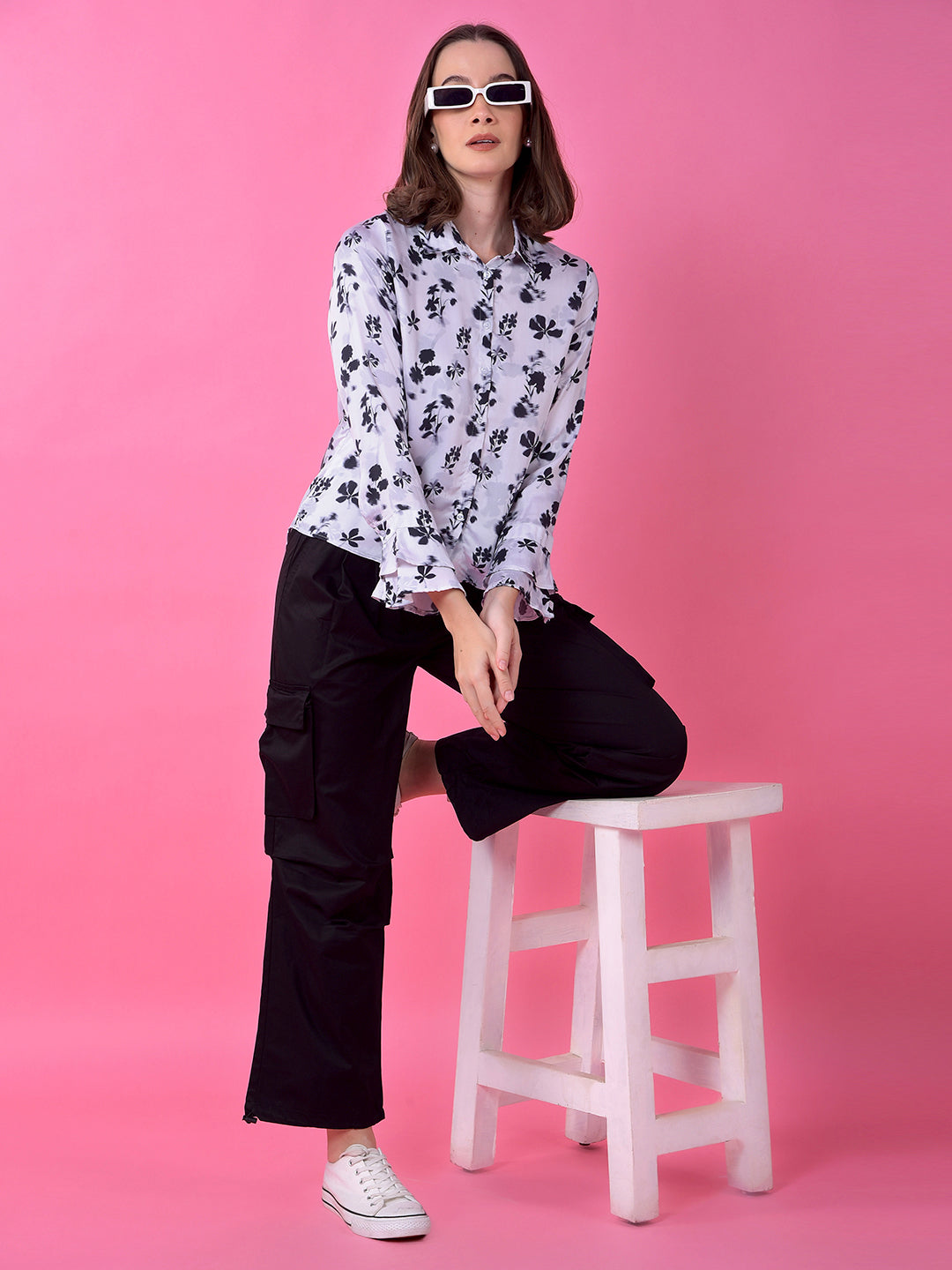 White Floral Print Shirt-Women Shirts-Crimsoune Club