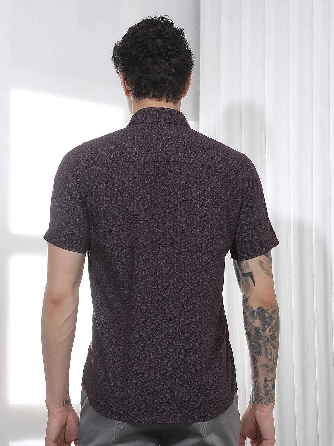 Wine Geometric Print Linen Shirt