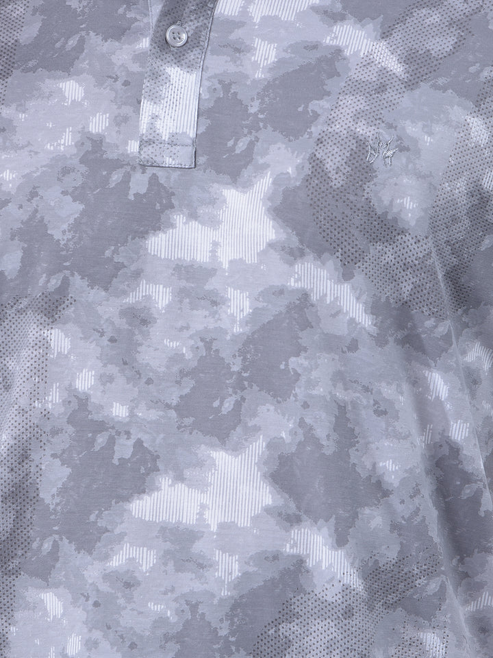 Grey Abstract Print Polo Neck T-Shirt