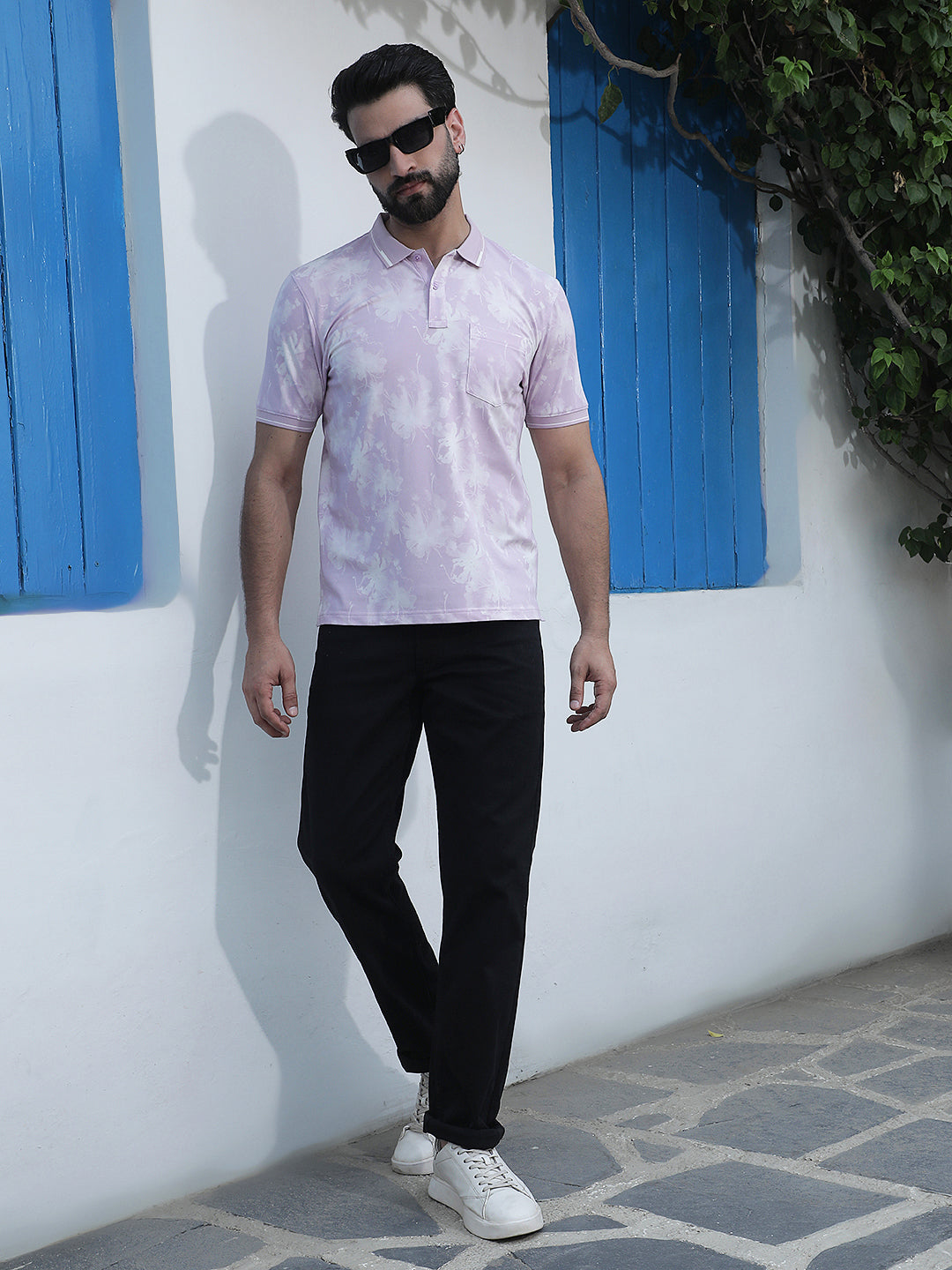 Pink Floral Print Polo Neck T-Shirt