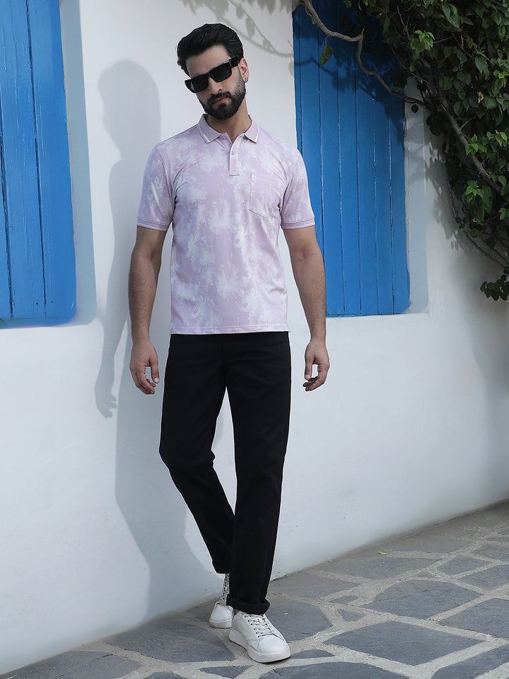 Pink Floral Print Polo Neck T-Shirt