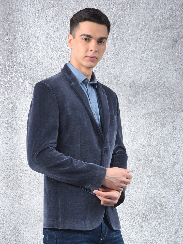 Blue Single-Breasted Velvet Blazer