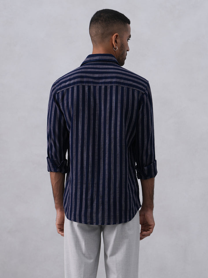 Navy Blue Vertical Stripes 100% Cotton Shirt