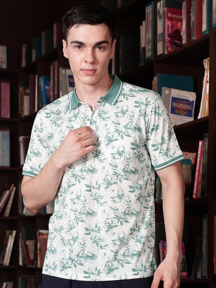 Green Floral Print Polo Neck T-Shirt