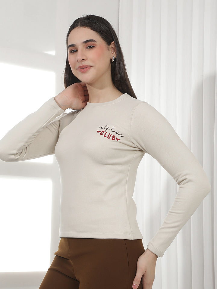 Cream Typographic Print Long Sleeves T-Shirt