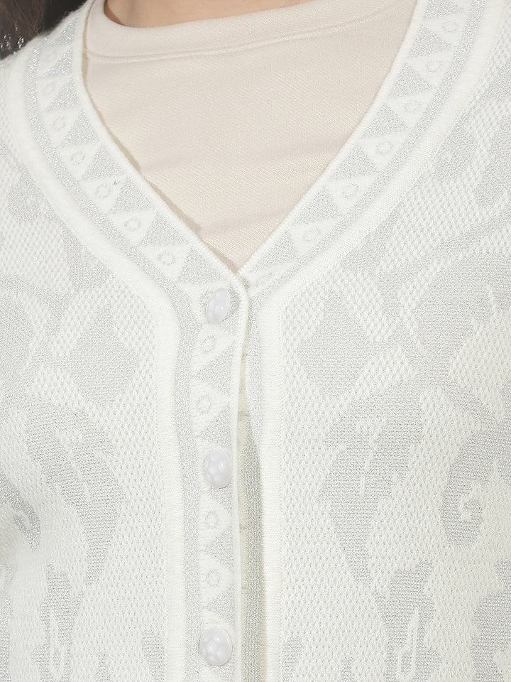 Off White Jacquard V-Neck Cardigan
