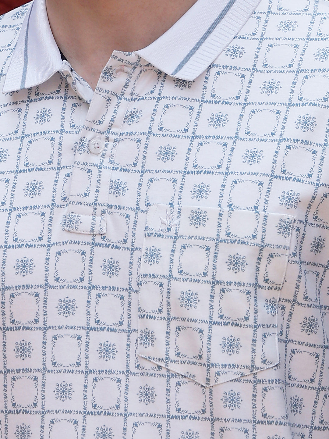 Blue Printed Polo Neck 100% Cotton T-Shirt