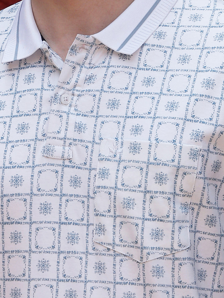 Blue Printed Polo Neck 100% Cotton T-Shirt
