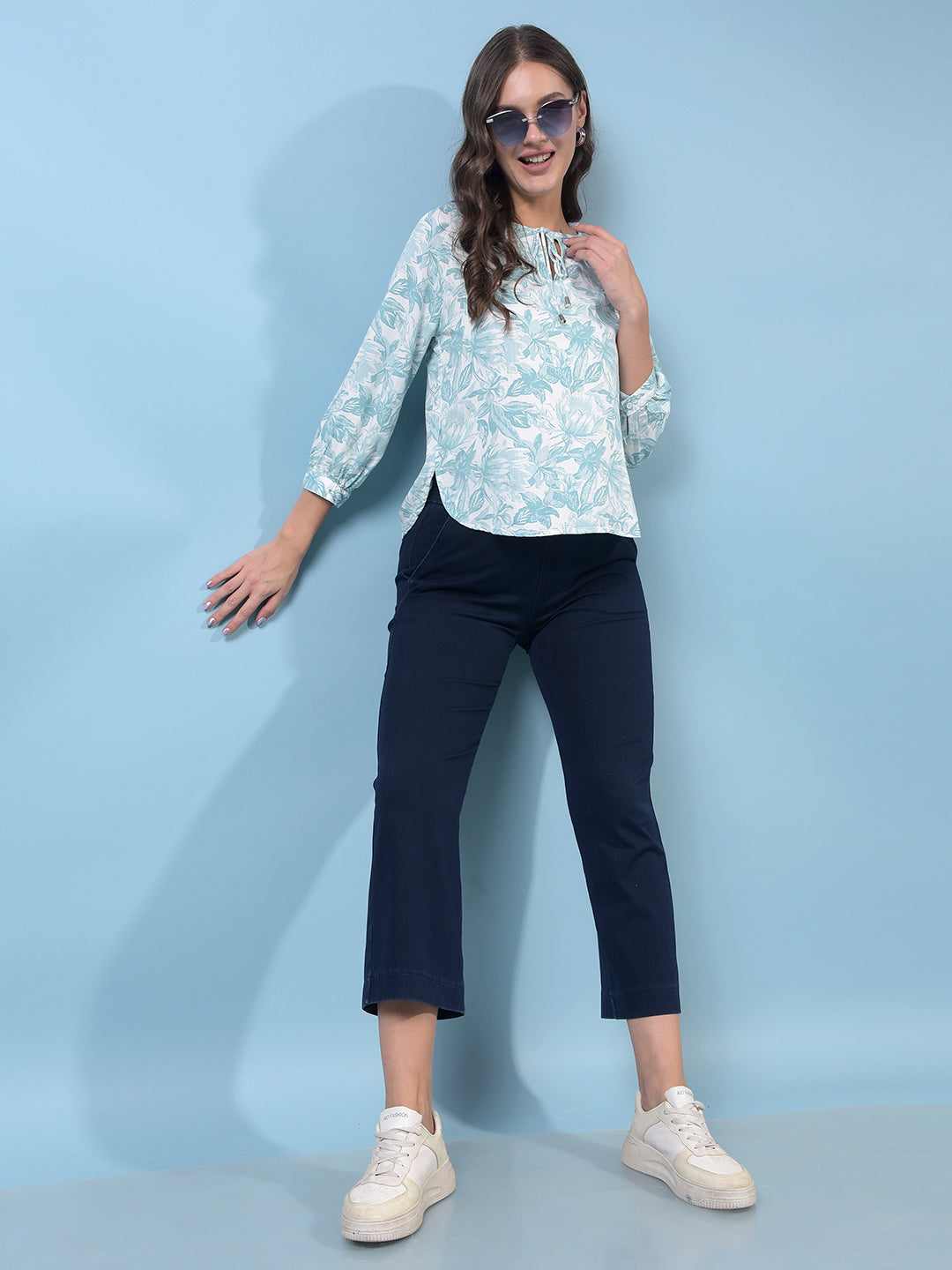 Green Floral Print Top-Women Tops-Crimsoune Club