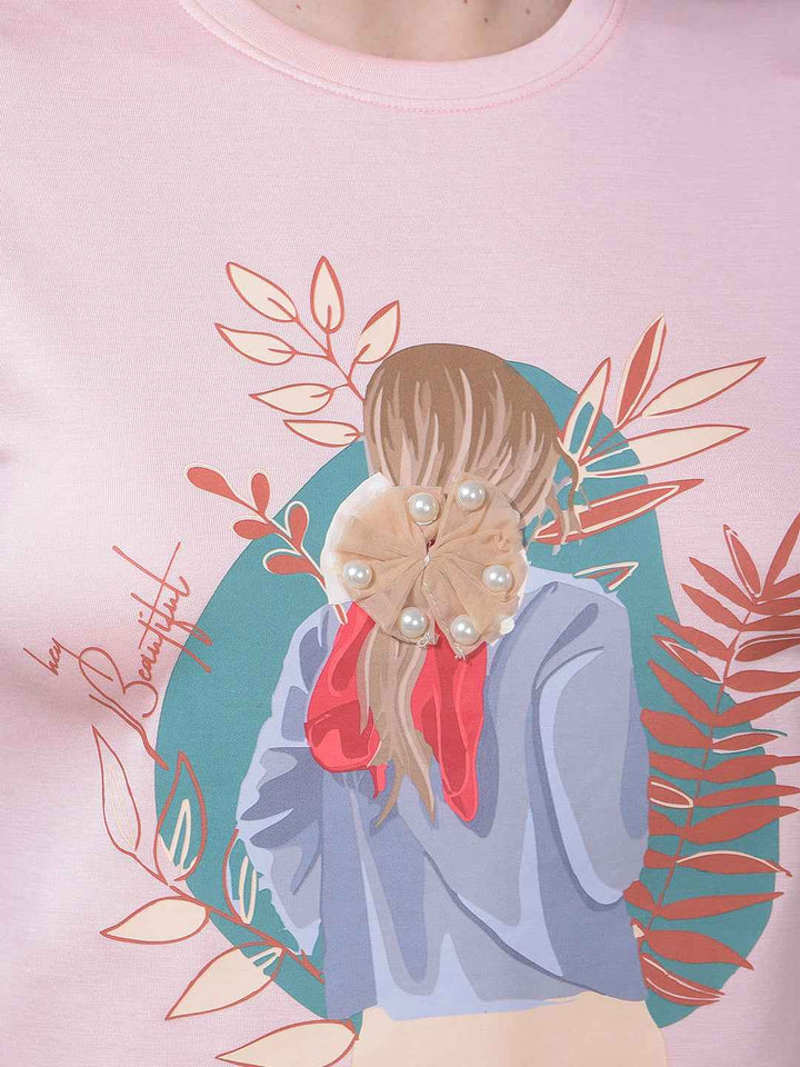BlazeRose Pink Graphic Embellished T-Shirt