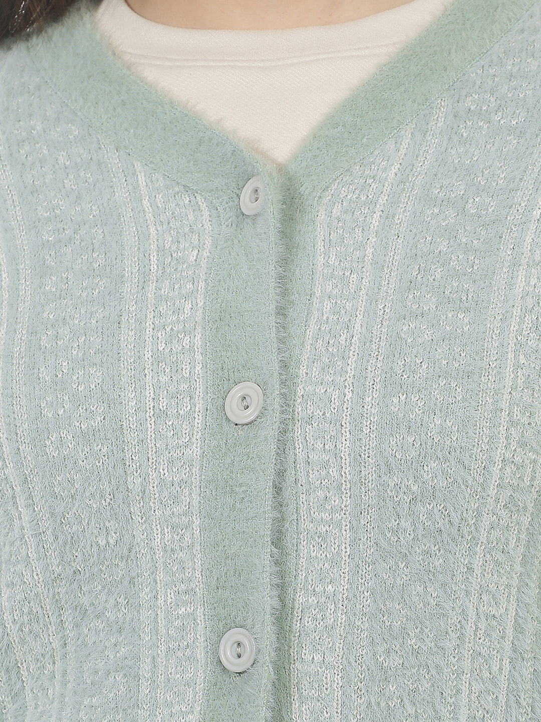 Green Jacquard V-Neck Cardigan