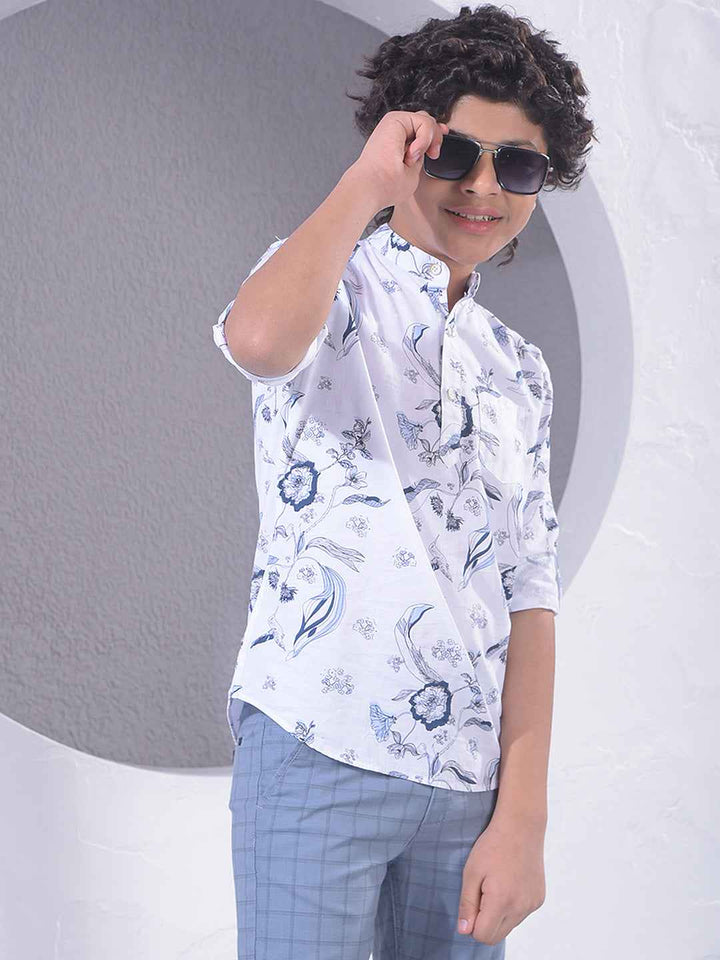 White Floral Print Kurta