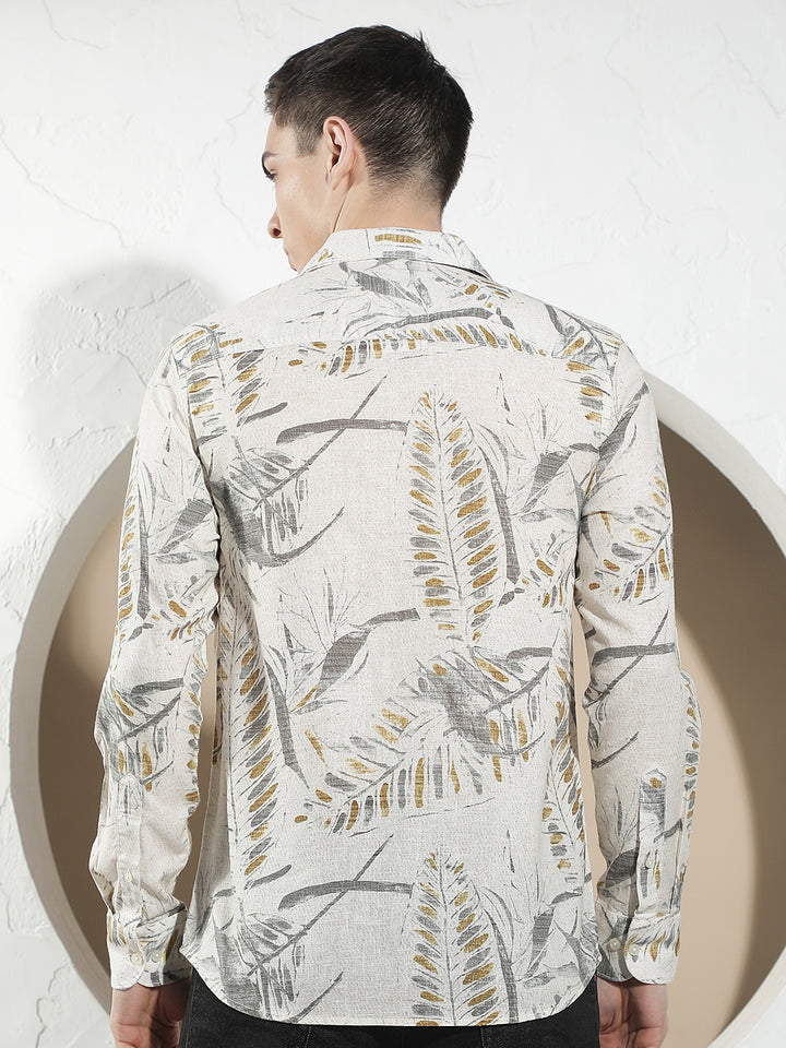 Grey Botanical Print Linen Shirt
