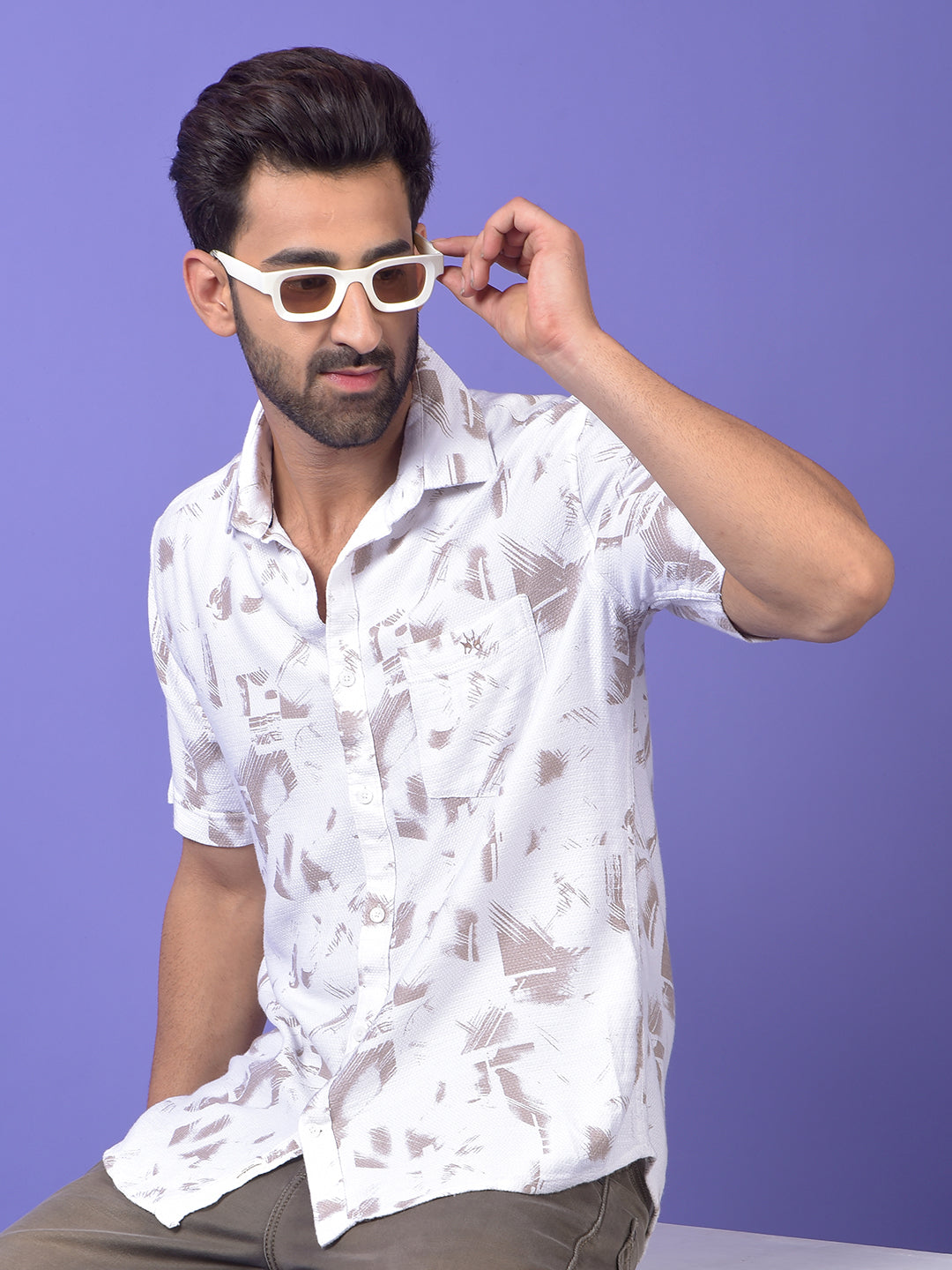 Beige Printed 100% Cotton Shirt