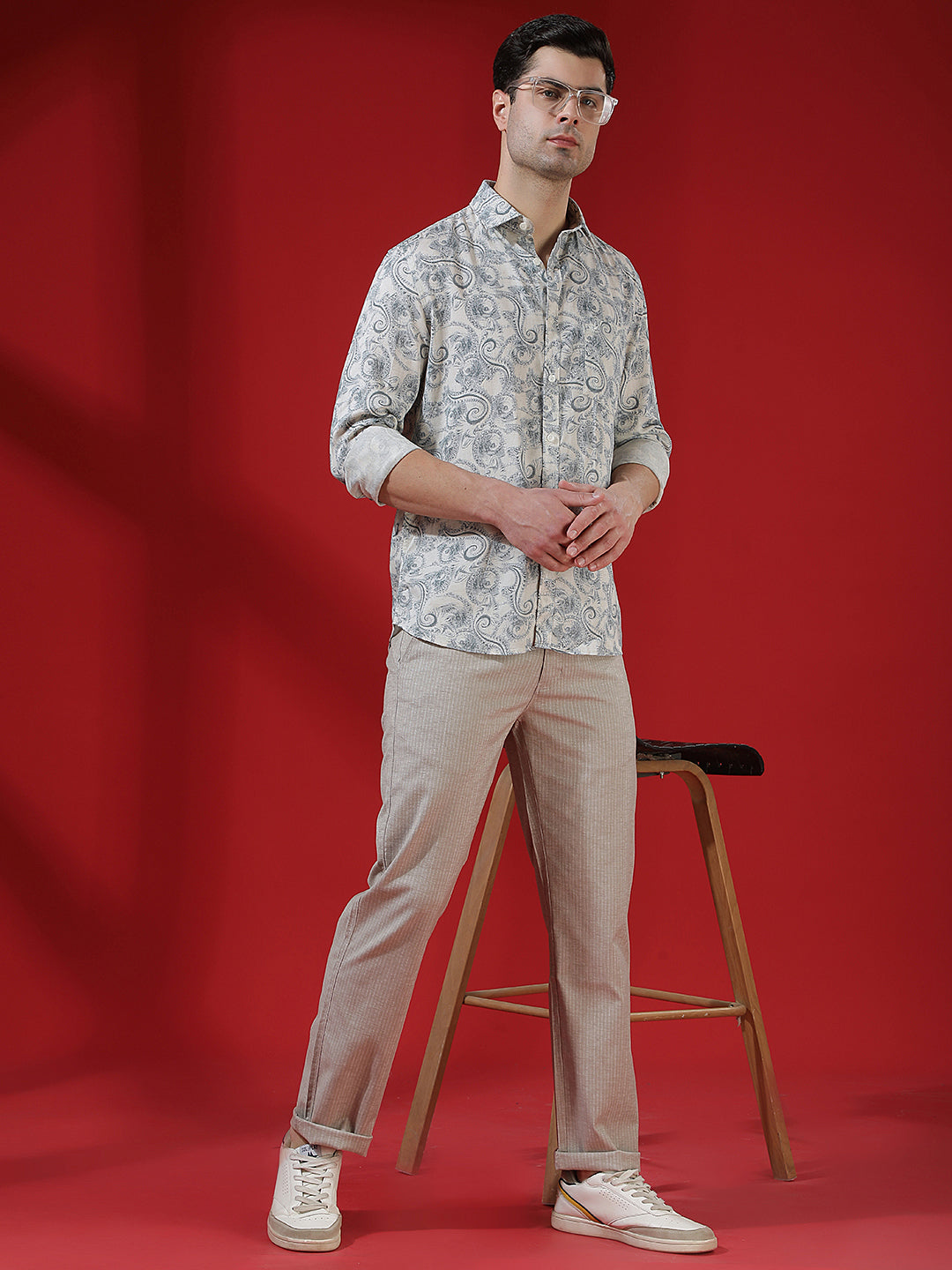 Blue Floral Print Linen Kurta