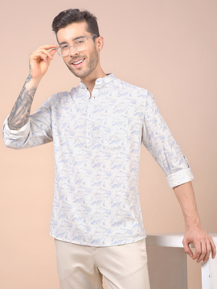 Blue Floral Print Linen Kurta