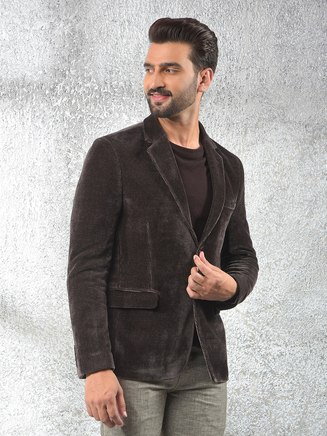 Wine Notched Lapel Knitted Single-Breasted Blazer