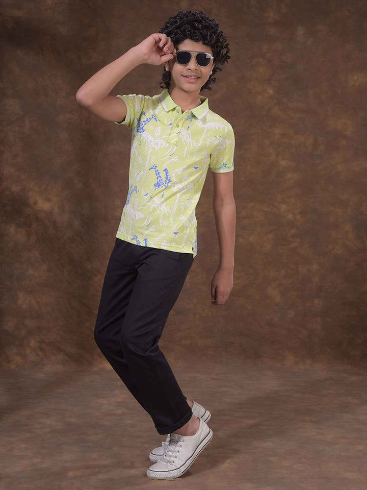 Green Floral Print Polo Neck T-Shirt
