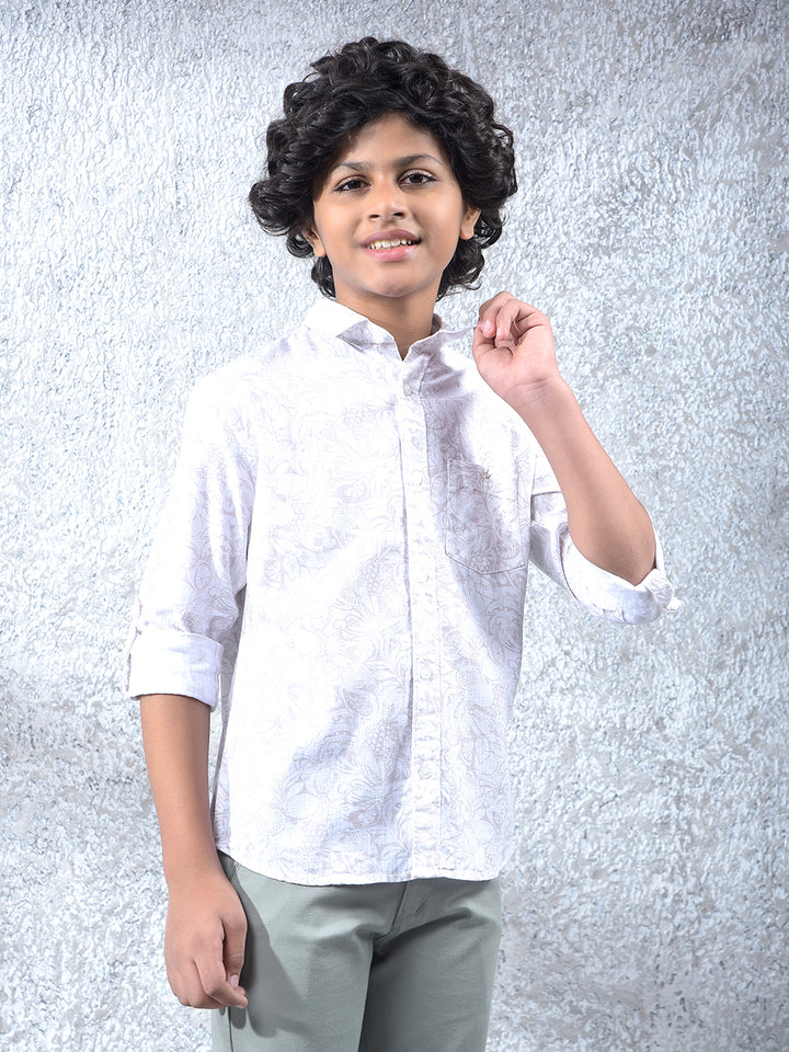 Beige Floral Print Linen Shirt