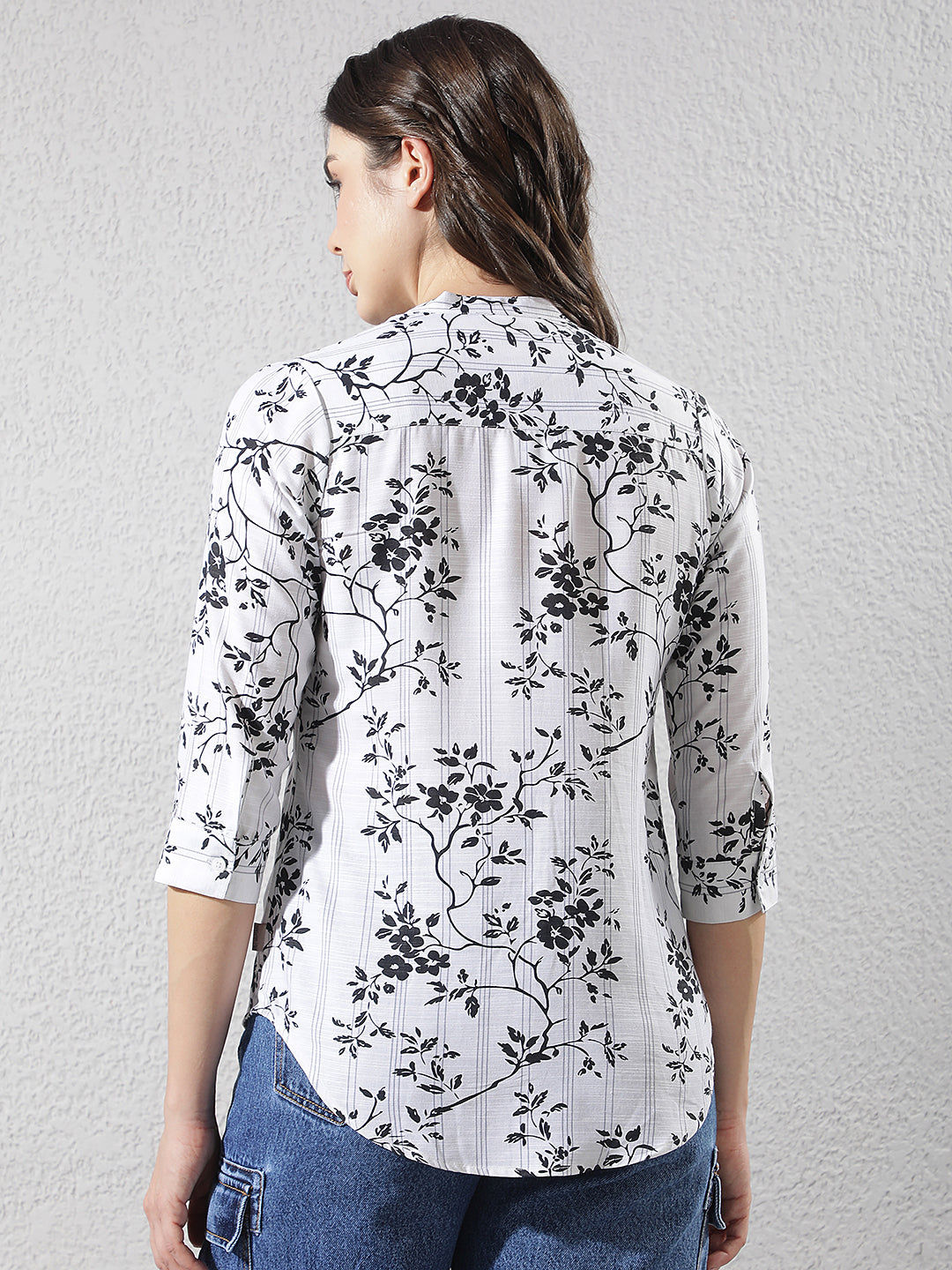 Black Floral Print V-Neck Linen Shirt
