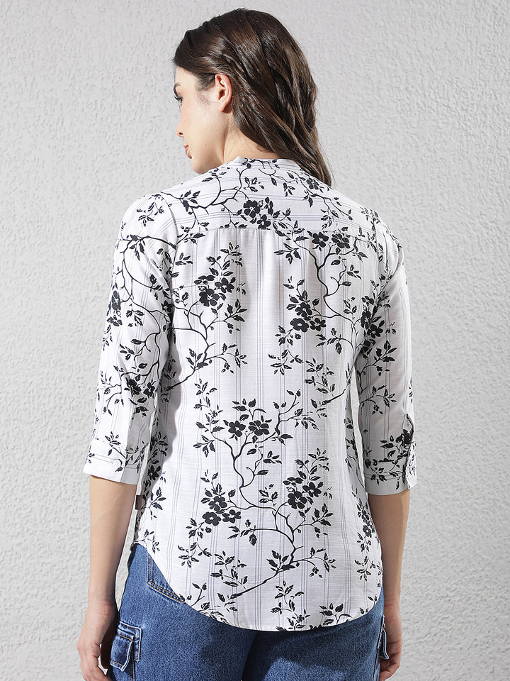 Black Floral Print V-Neck Linen Shirt