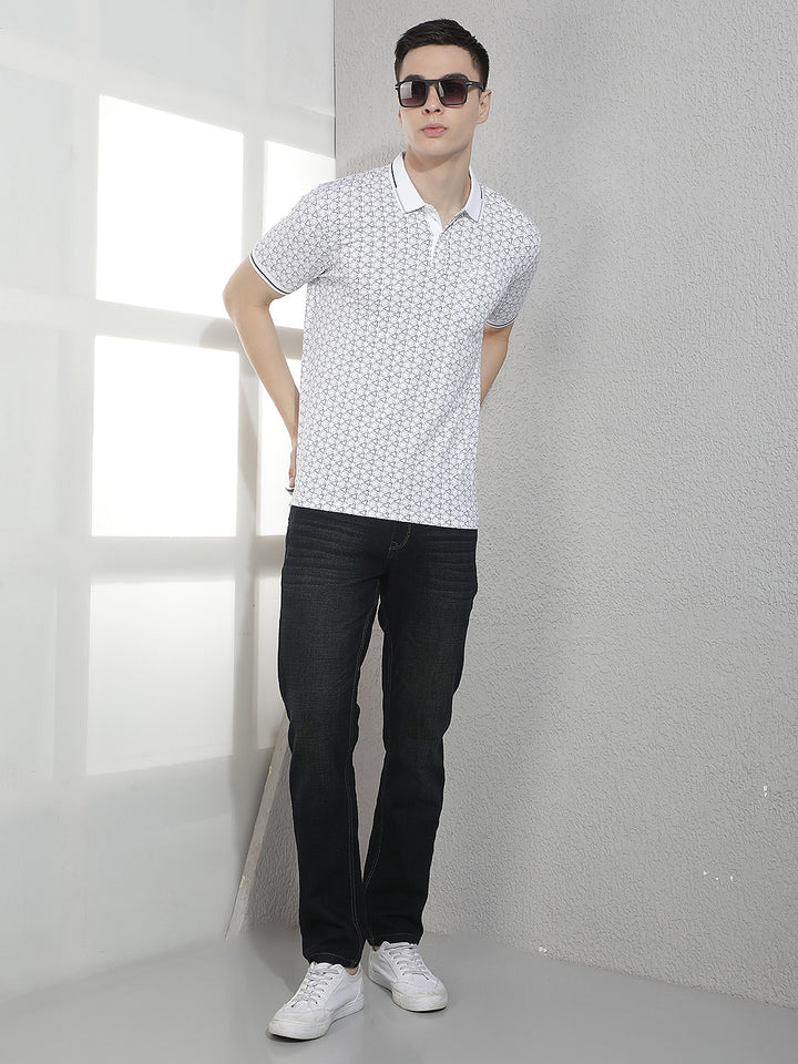 White Printed Polo Neck T-Shirt