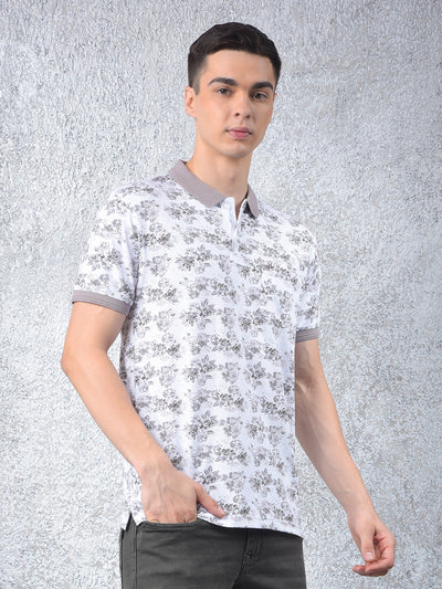 White Floral Print Polo Neck T-Shirt