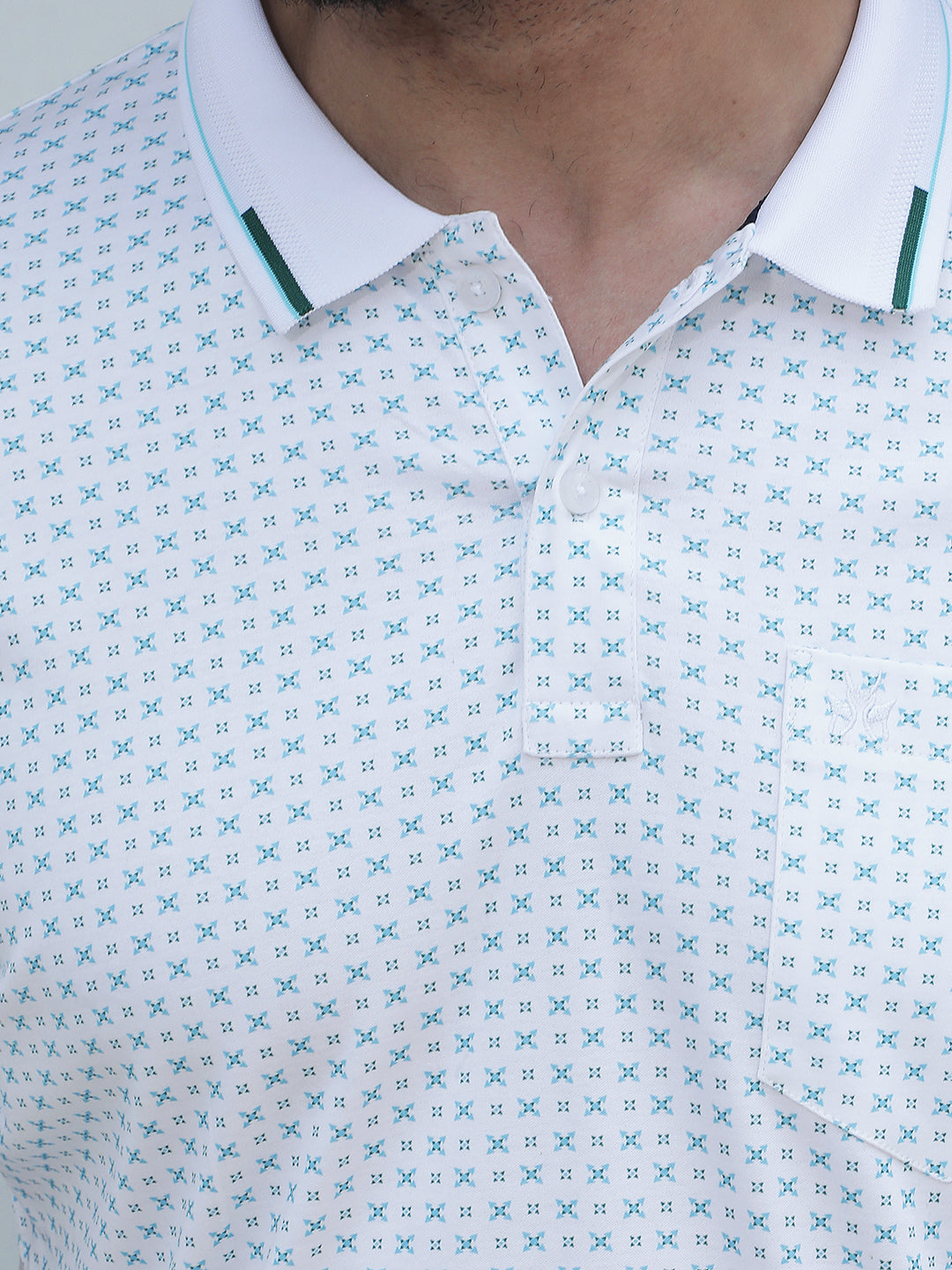 Blue Printed Polo Neck 100% Cotton T-Shirt