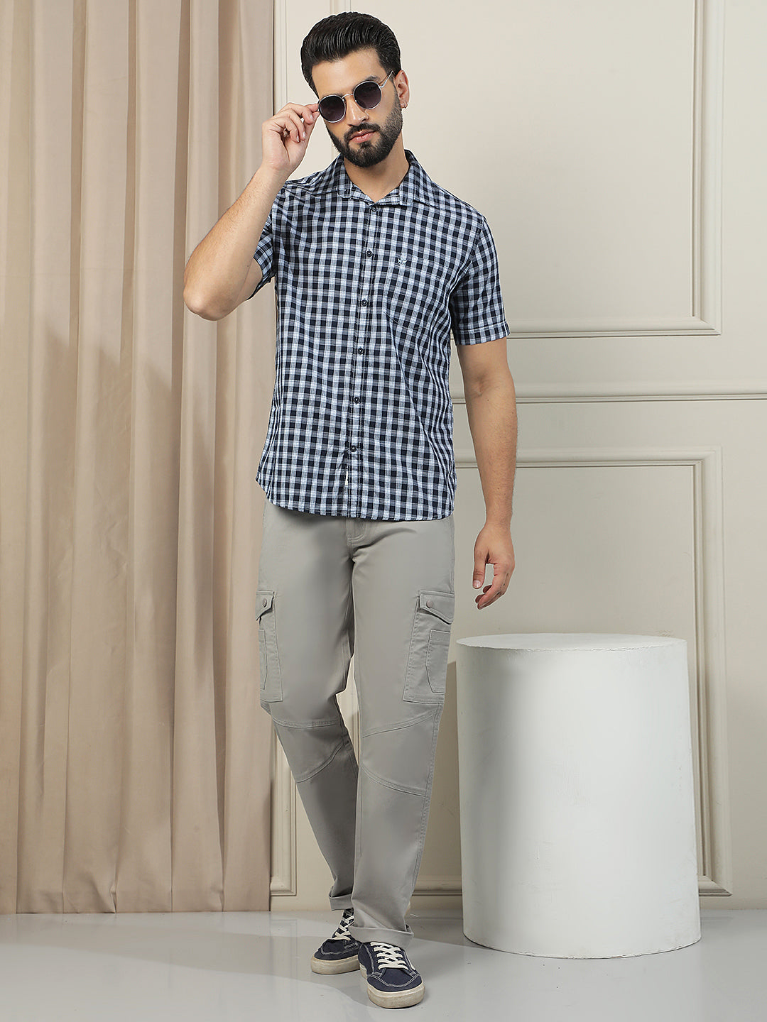 Navy Blue Checked 100% Cotton Shirt