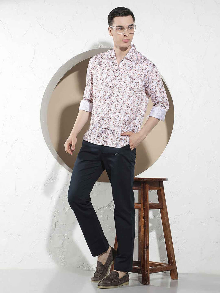 Peach Floral Print Modal Shirt