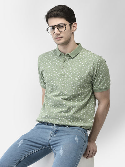 Green Floral Print Polo Neck T-Shirt
