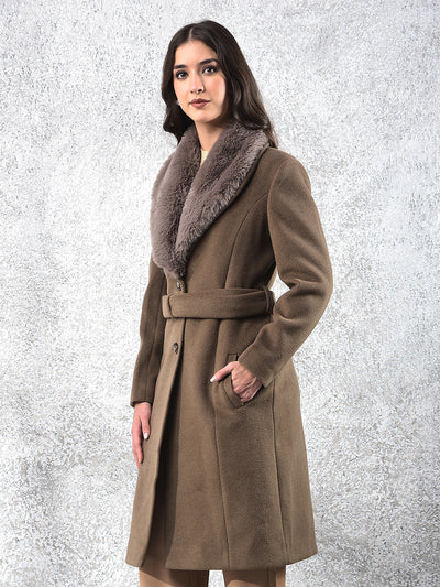 Brown Notched Lapel Overcoat With Belt