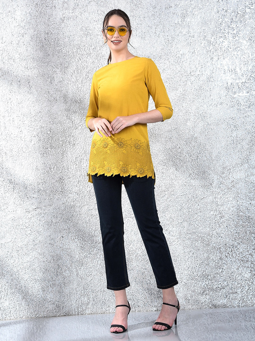Mustard Floral Embroidered Top