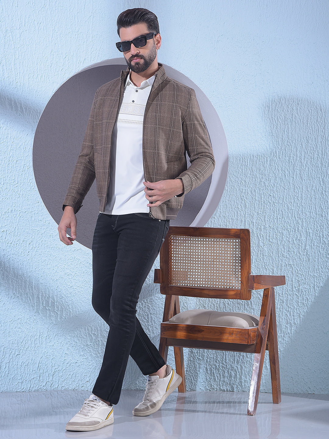 Brown Herringbone Check Bomber Jacket