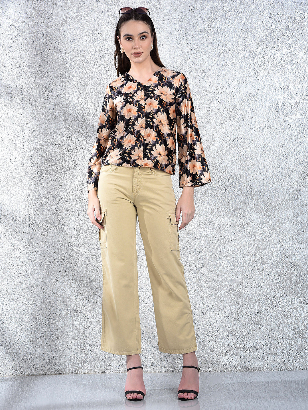 Peach Floral Print V-Neck Top