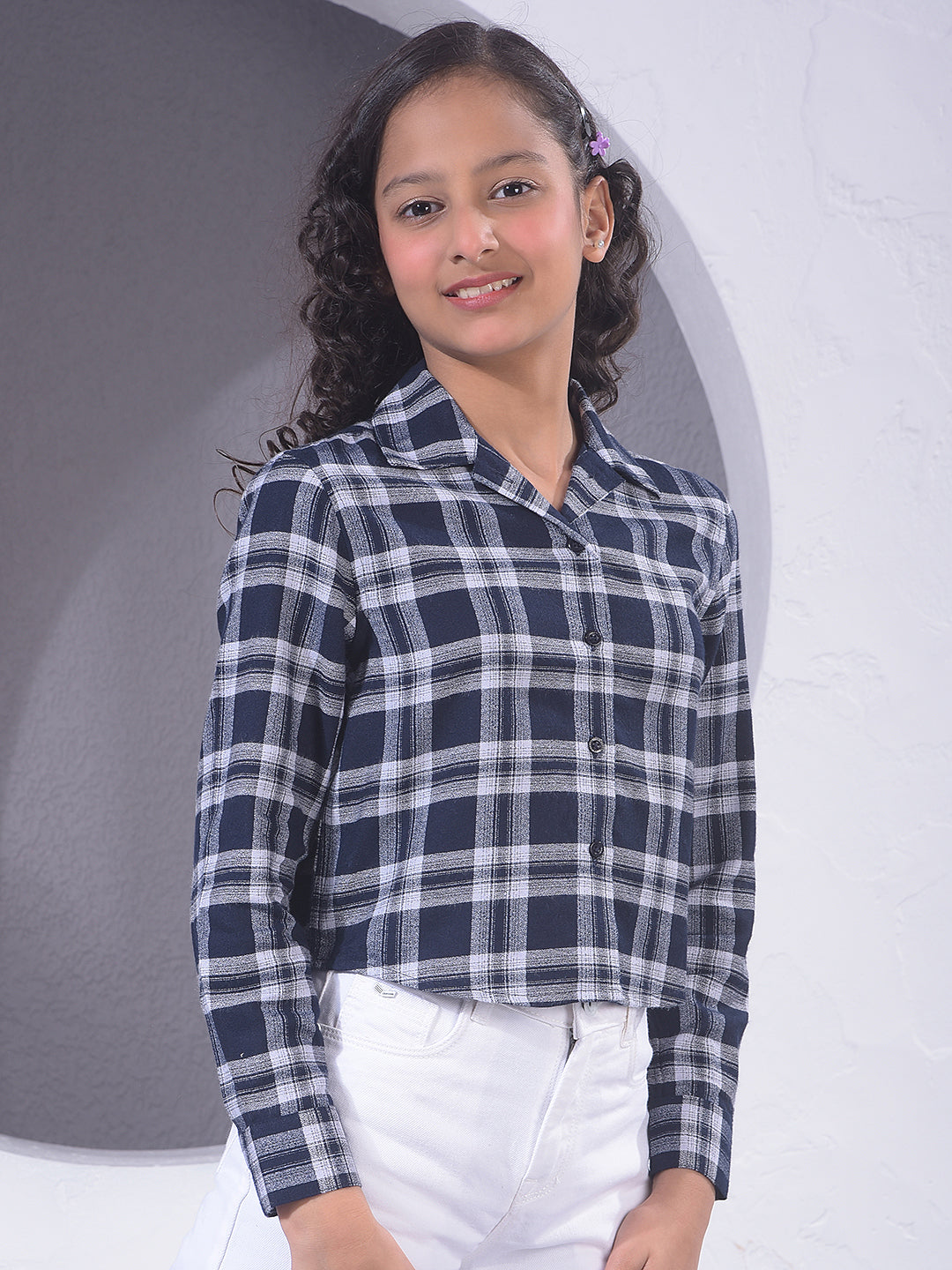 Navy Blue Checked Resort-Collar Shirt