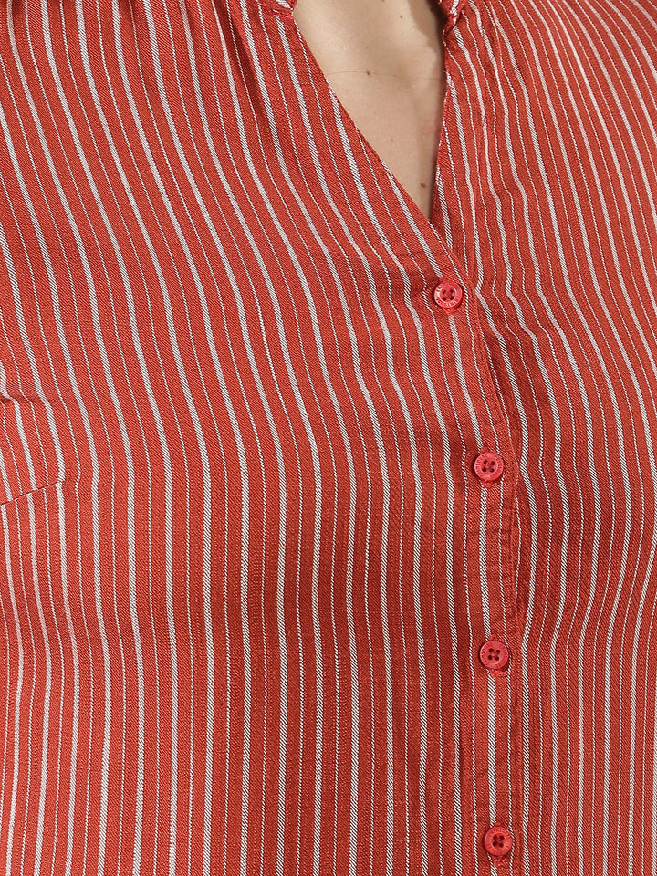 Red Vertical Striped V-Neck Shirt