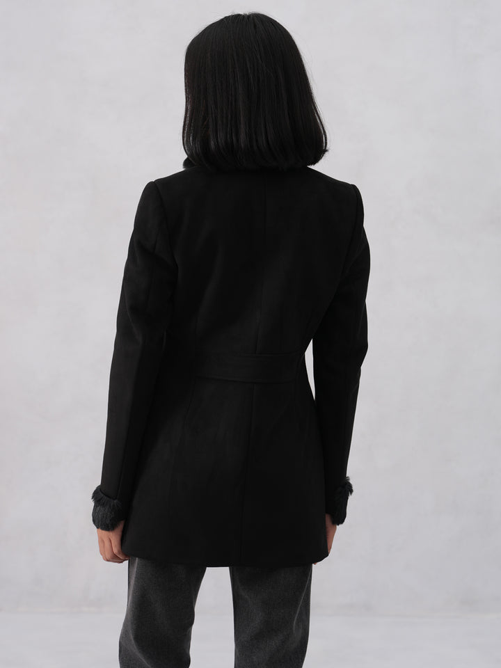 Faux Fur Trim Black Coat