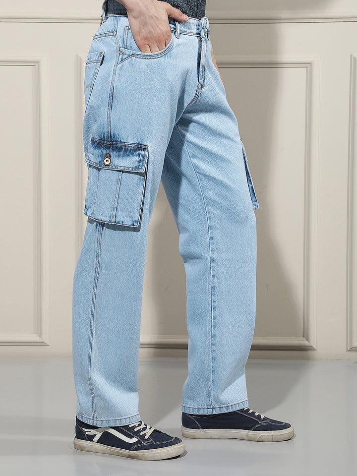 Sky Blue 100% Cotton Cargo Jeans