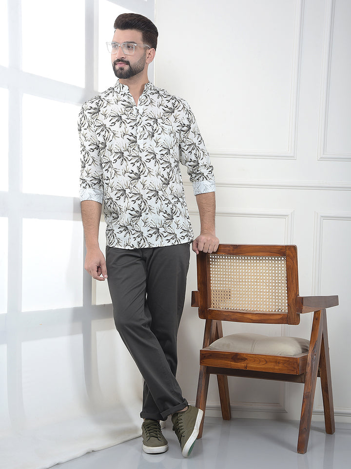 Olive Floral Printed Linen Kurta