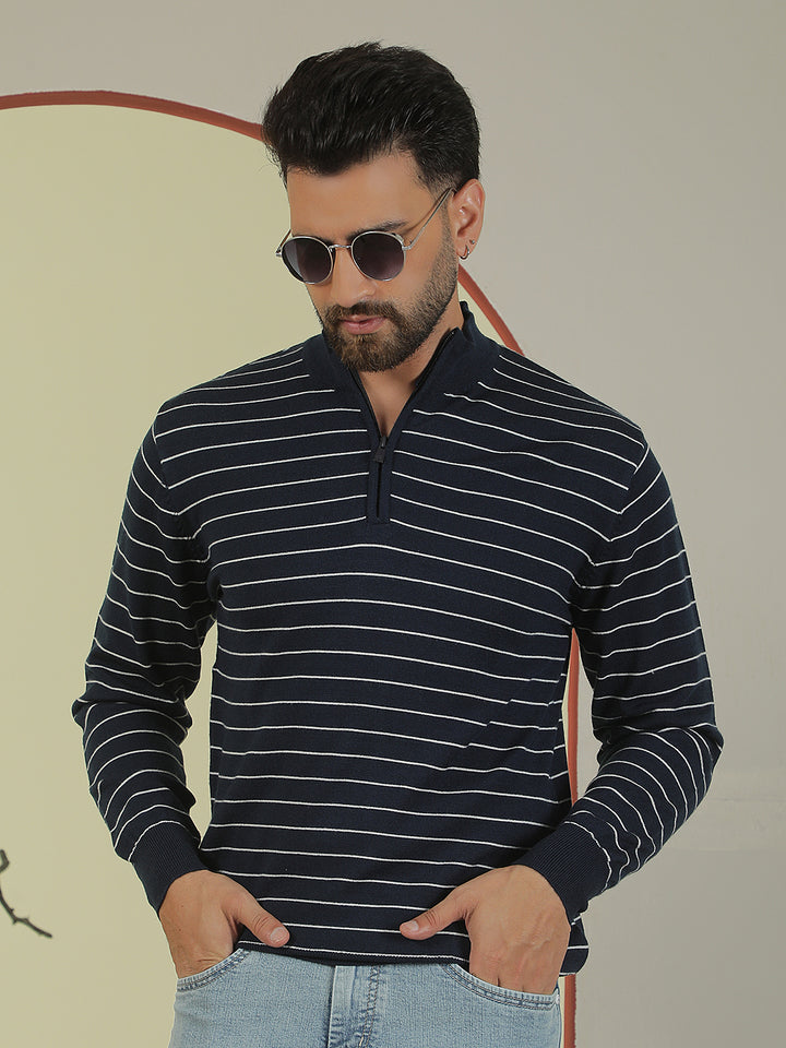 Navy Blue Horizontal Stripes Mock Neck Sweater